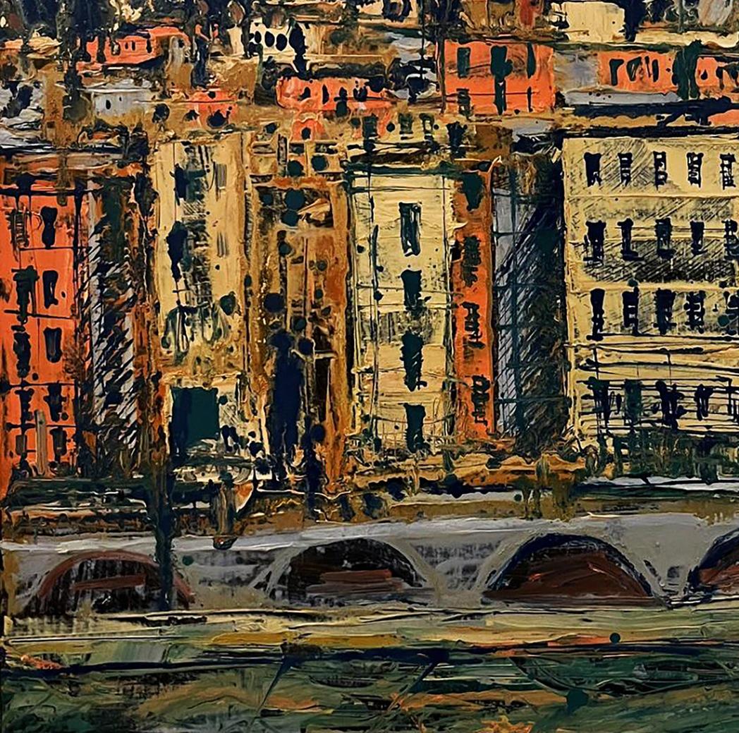 Oil painting Approximation by Serhiy Kovalev: abstract cityscape in oranges, yellows, greens