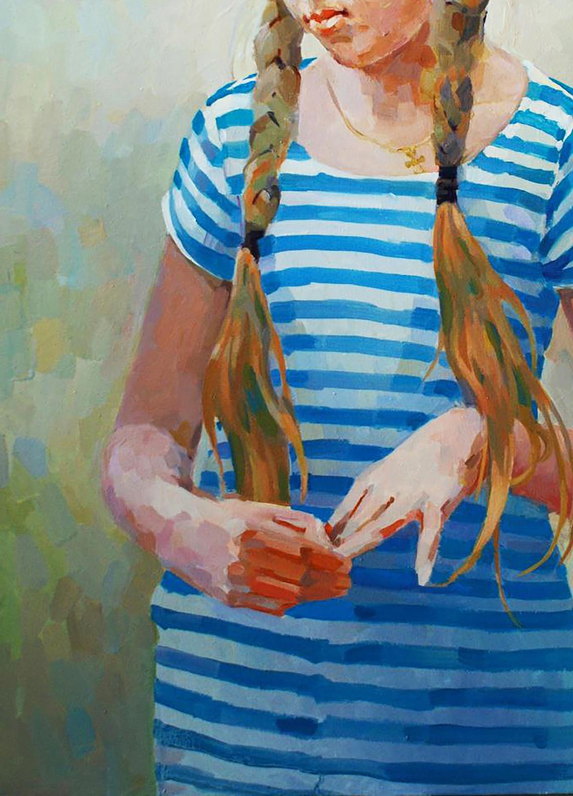 Oil painting Morning portrait of girl in blue white striped top by Anastasia Yaroshevich