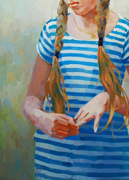 Oil painting Morning portrait of girl in blue white striped top by Anastasia Yaroshevich