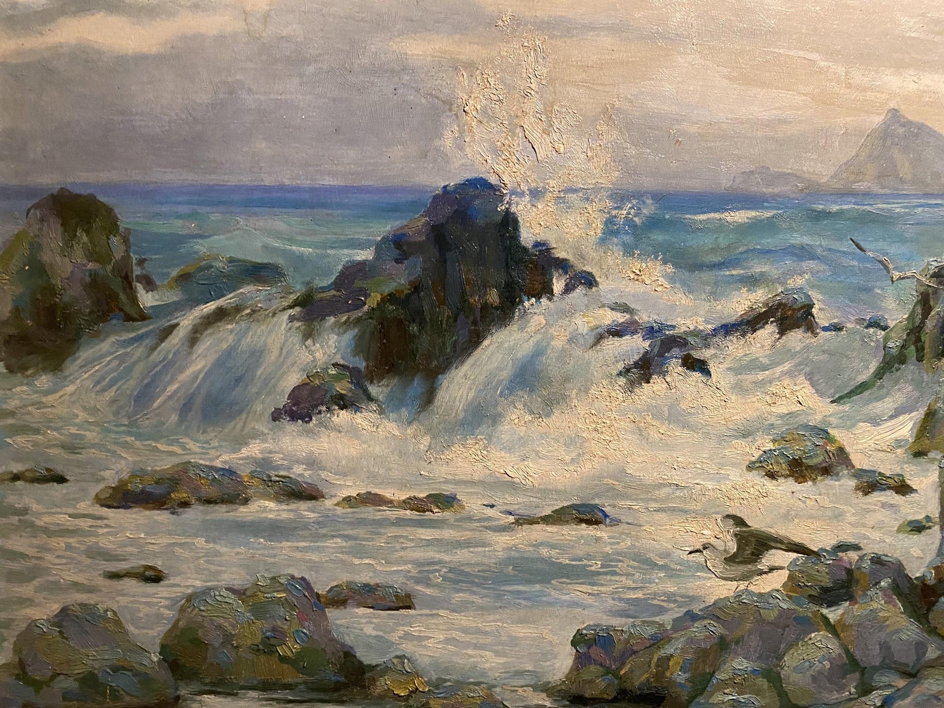 Oil painting Gurzuf by K.P. Inzavicius: crashing waves on rocky shore