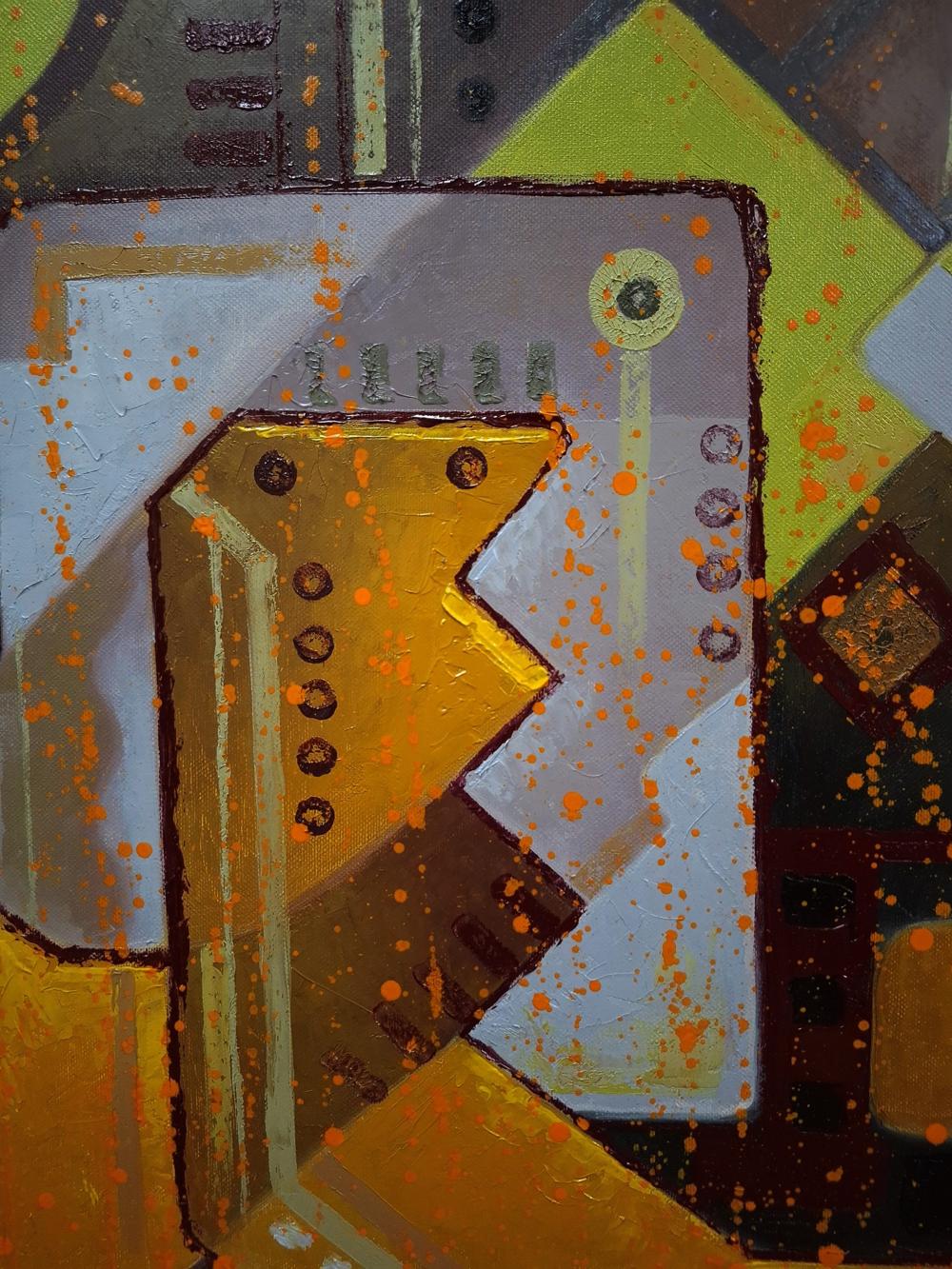 Oil painting by Sergiy Voichenko: abstract geometric gold, gray, yellow shapes