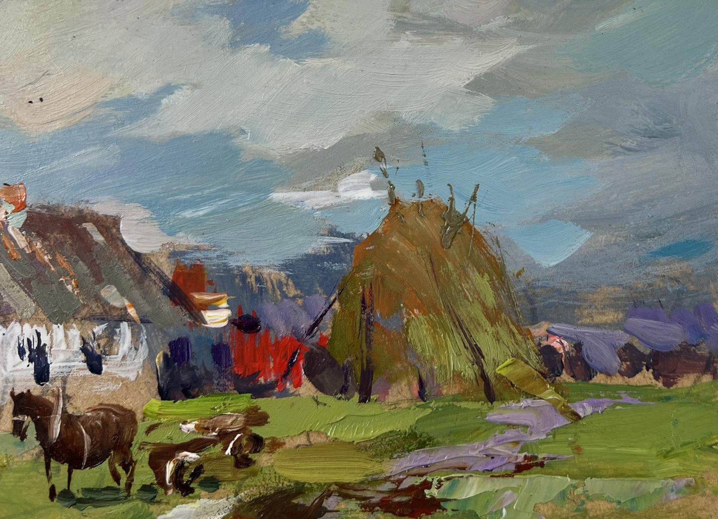 Oil painting of horses by hay bale by Yuriy Suprunchuk