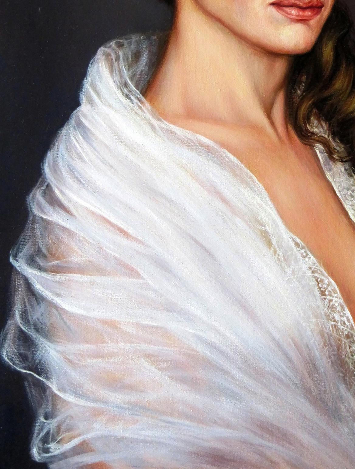 Oil painting portrait of Margarita Valeriy Bulat with delicate white lace shawl