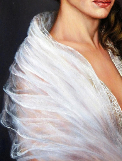 Oil painting portrait of Margarita Valeriy Bulat with delicate white lace shawl