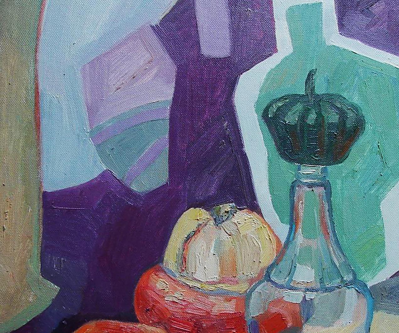 Dark green pumpkin stopper on glass decanter in Tatyana Shulyak still life
