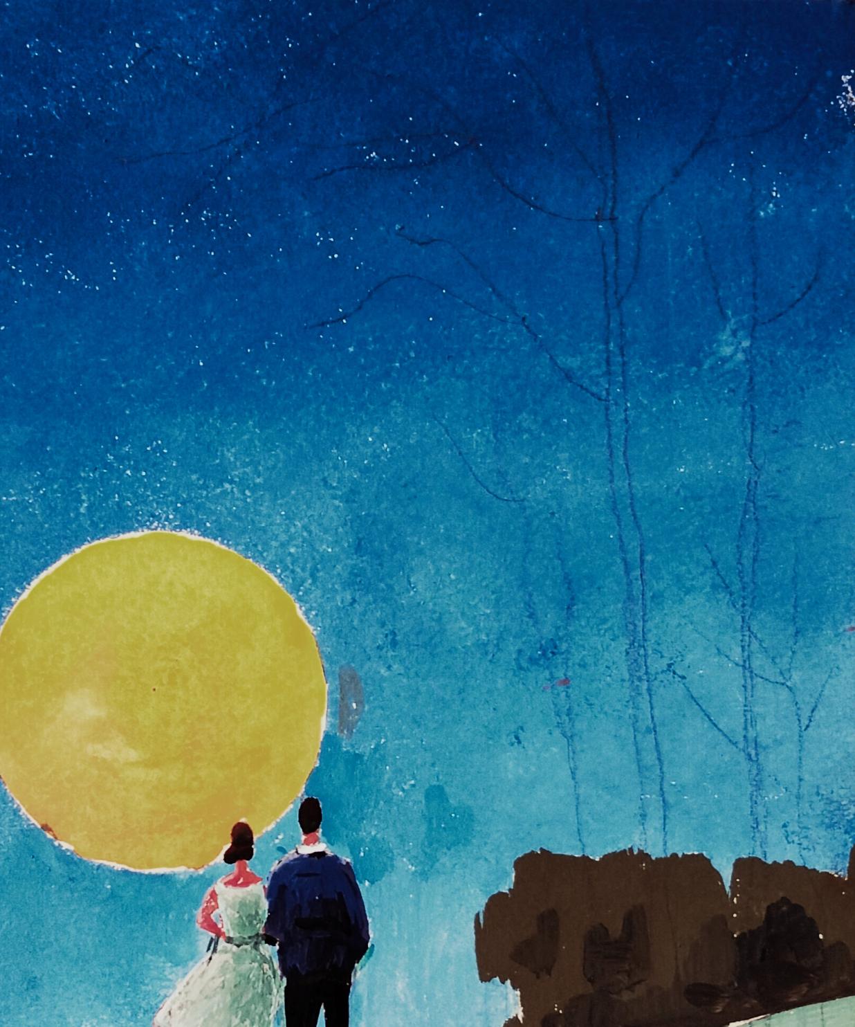 Gouache painting of couple at sunset beneath starry sky with moon by Vitaly Duhnevich