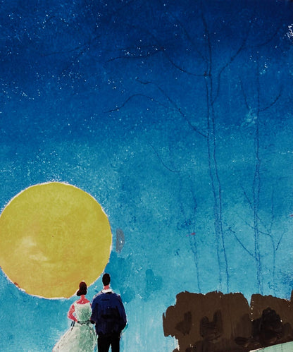 Gouache painting of couple at sunset beneath starry sky with moon by Vitaly Duhnevich