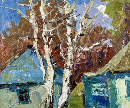 Oil painting Whispers of Spring by Oksana Ivanyuk: birch trees, blue sky