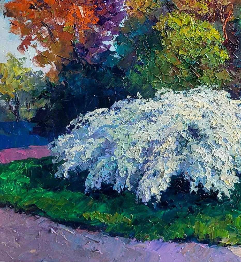 Oil painting Spirea Wangutta Bride by Boris Serdyuk with white impasto flowers