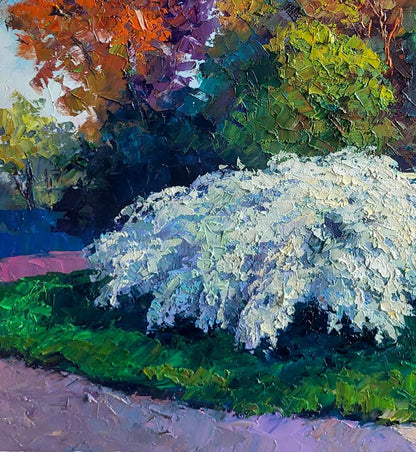 Oil painting Spirea Wangutta Bride by Boris Serdyuk with white impasto flowers