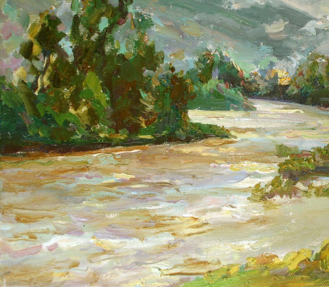 Oil painting of Mountain River by Leonid Pavlenko, textured impressionist greens
