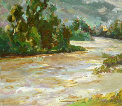 Oil painting of Mountain River by Leonid Pavlenko, textured impressionist greens