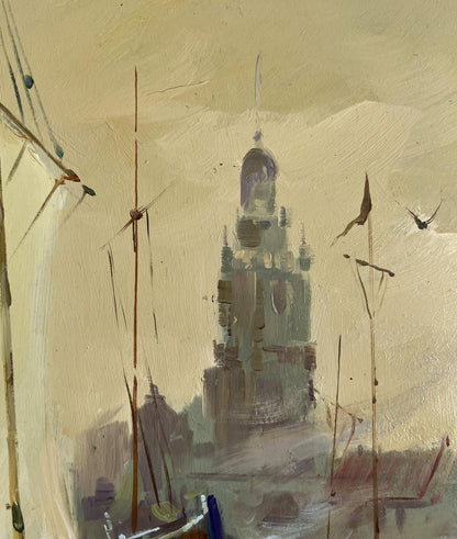 Oil painting Evening on the pier by Yuriy Suprunchuk: tall tower with purple dome over misty harbor