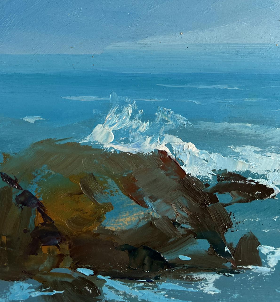 Oil painting Sunny day at sea by Yuriy Suprunchuk: waves crashing on rocks
