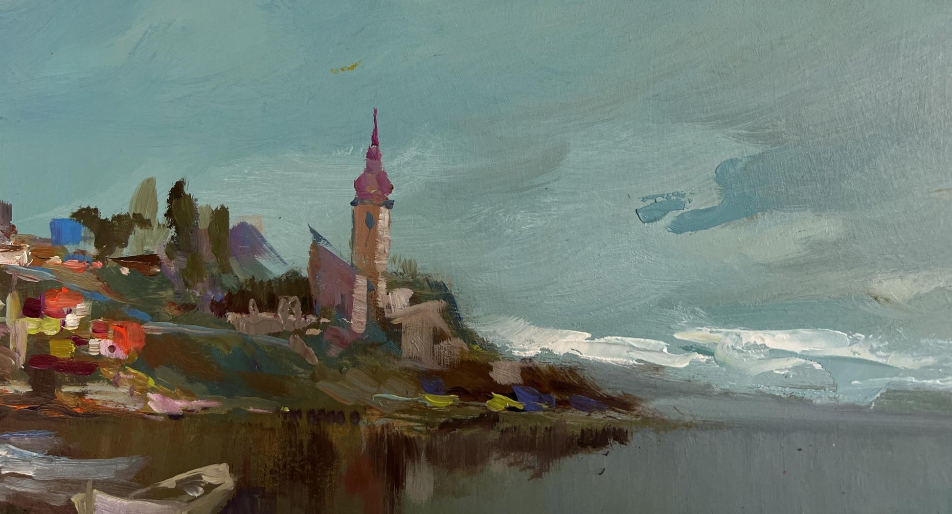 Oil painting of tall clock tower with pink spire by Yuriy Suprunchuk