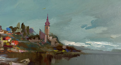 Oil painting of tall clock tower with pink spire by Yuriy Suprunchuk