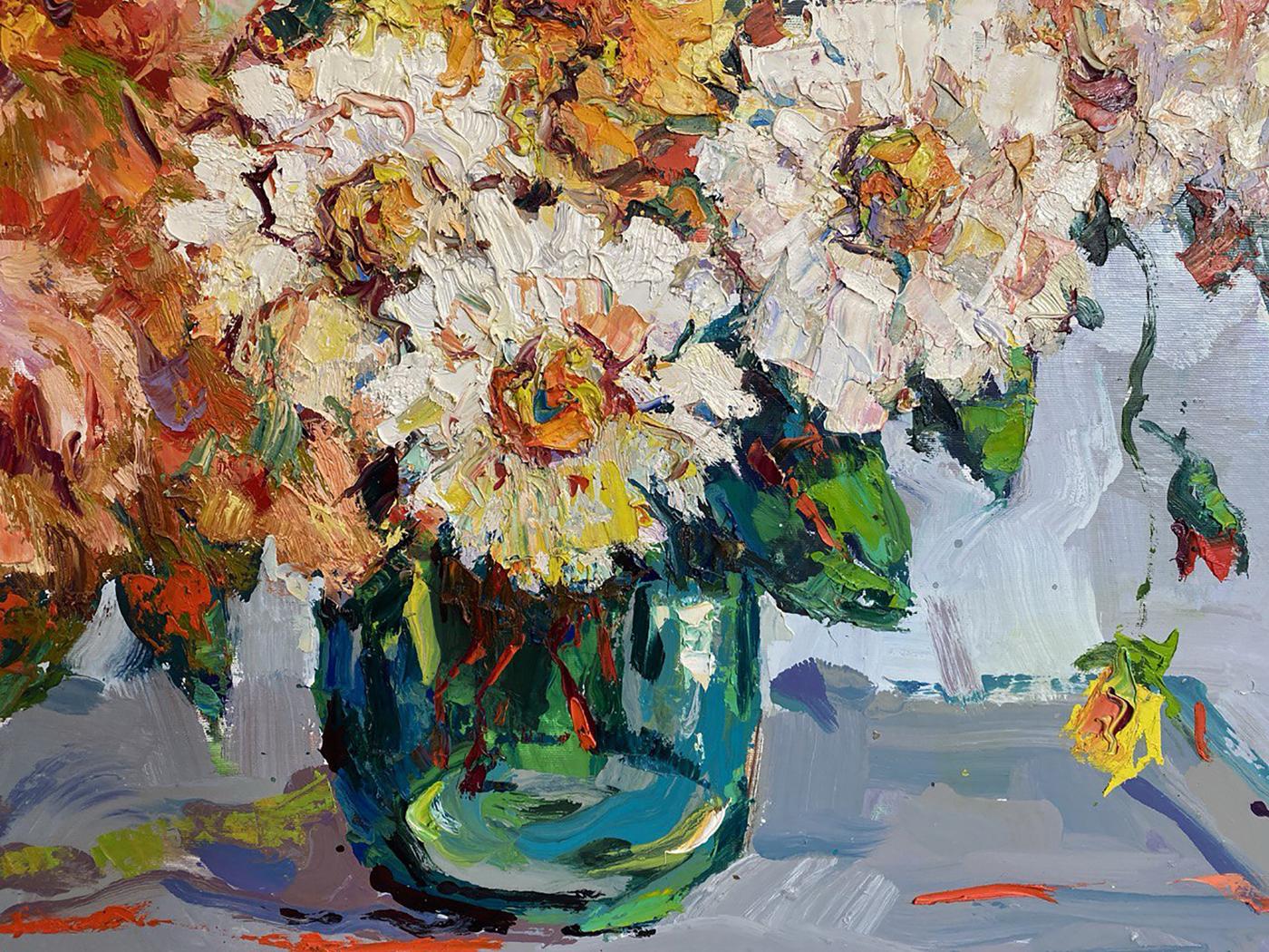 Oil painting Autumn dahlias Oksana Ivanyuk: impressionistic bouquet in teal vase