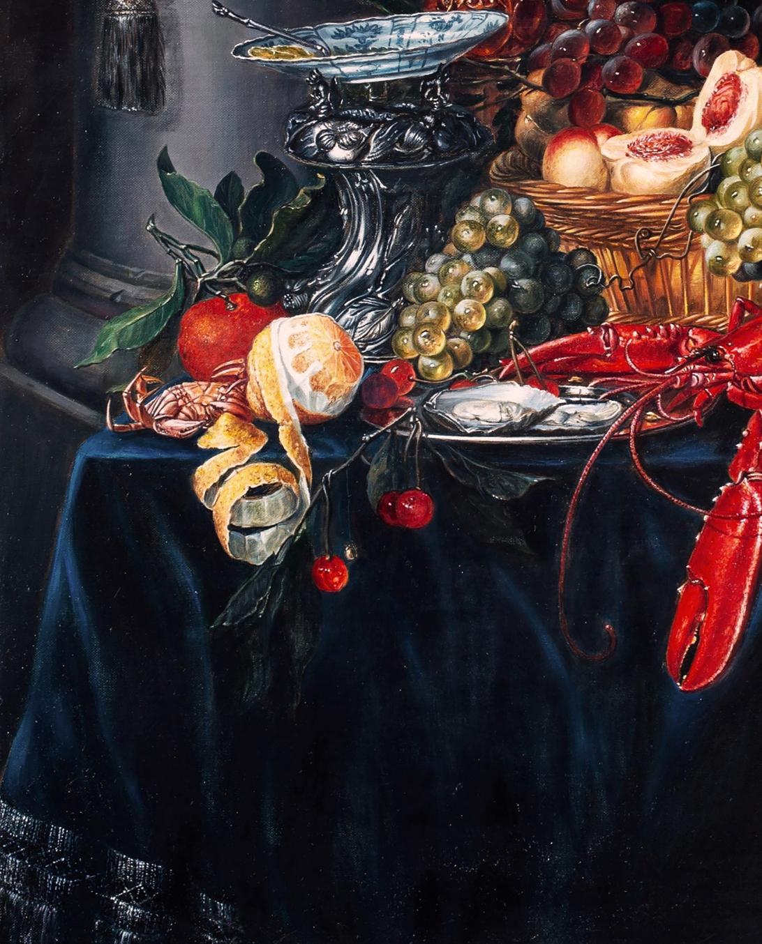 Oil painting Still Life with Golden Cup by Valeriy Bulat: red lobster on velvet with fruits