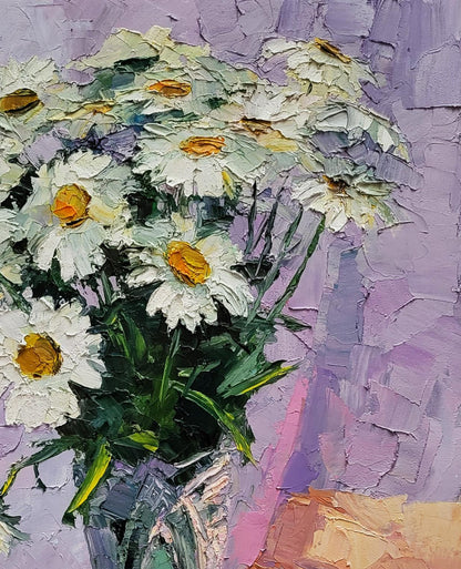 Vibrant impasto oil painting of white daisy bouquet by Boris Serdyuk