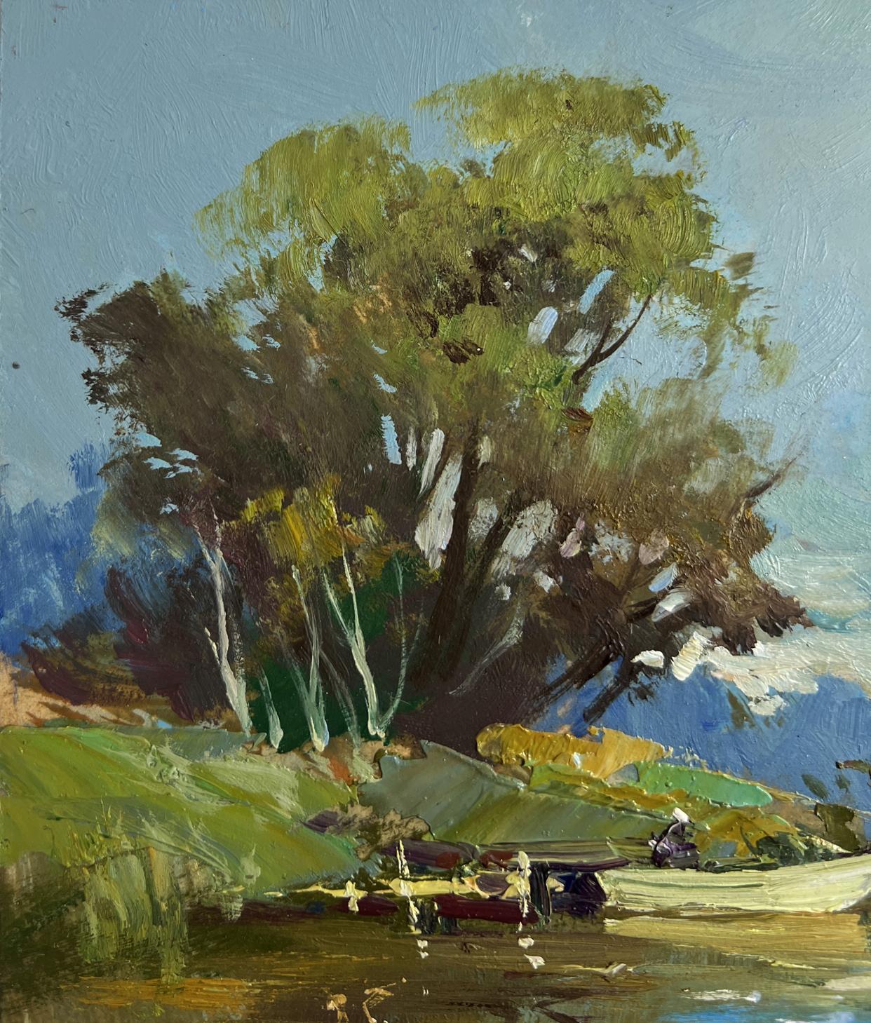 Lush green tree oil painting Boat ride on the river by Yuriy Suprunchuk