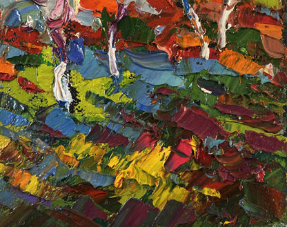 Vibrant impressionist oil painting of flowering trees in garden by Oksana Ivanyuk