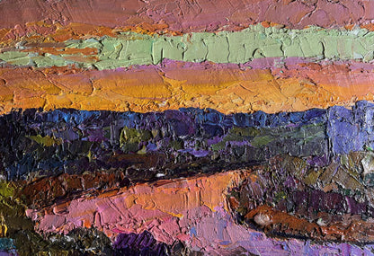 Oil painting Orange sunset sun by Boris Serdyuk with earthy, purple, orange bands