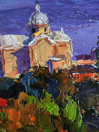 Textured oil painting The Distant Temple by Boris Serdyuk in purples and greens