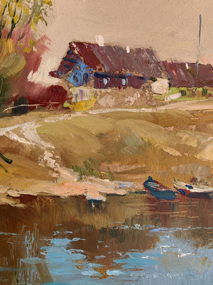 Oil painting by Yuriy Suprunchuk: rustic blue red house by autumn river