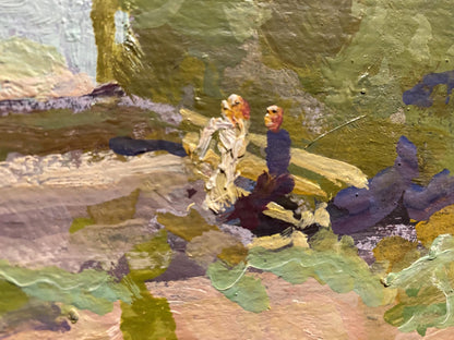 Textured oil painting by Grigoriy Ruban School: orange-headed figures on rocks