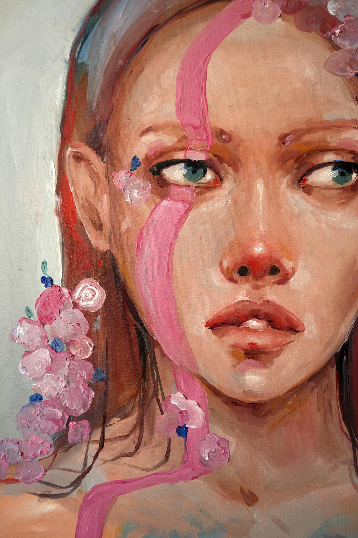 Oil painting Pink rain by Victoria Kagalovska with green eyes and pink flowers
