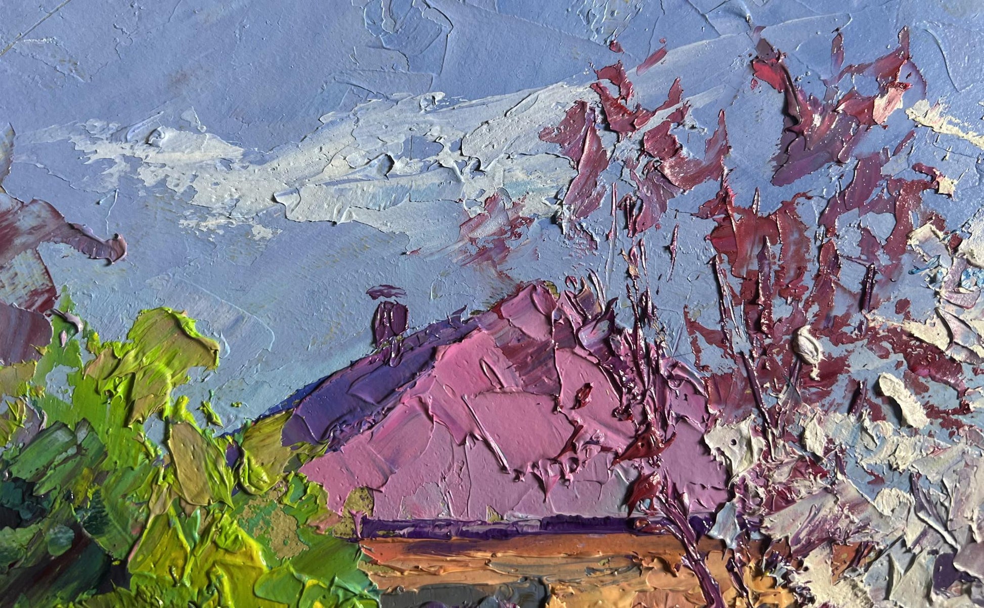 Oil painting Cherry blossom by Boris Serdyuk with purple roof and green foliage