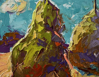 Vibrant oil painting of stylized mountains and haystacks in field by Oleksiy Ivanyuk