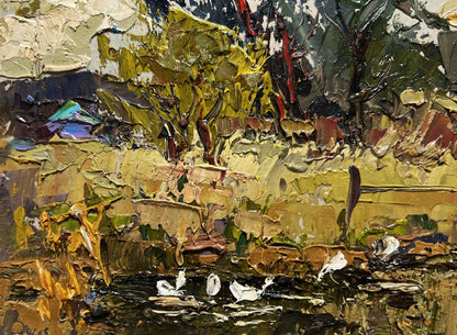Oil painting Ducks in the lake by Oksana Ivanyuk, textured landscape