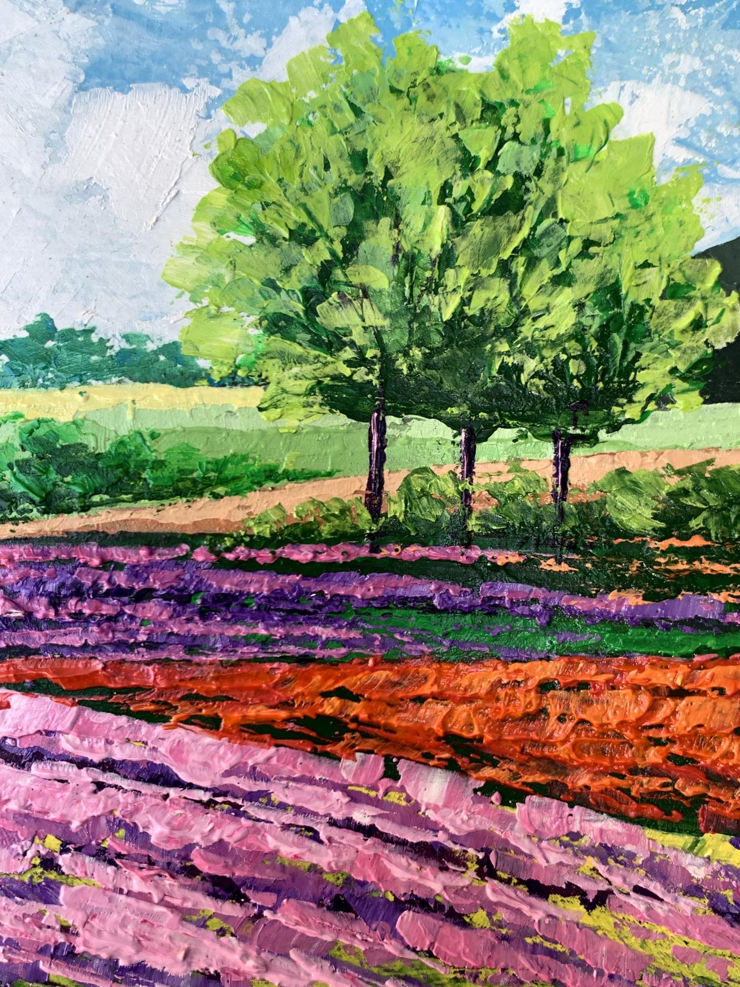 Vibrant impressionist oil painting of lavender field with green trees by V. Zadorozhnya
