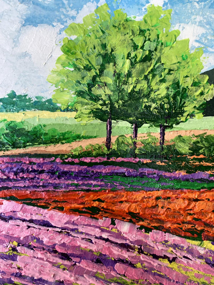 Vibrant impressionist oil painting of lavender field with green trees by V. Zadorozhnya