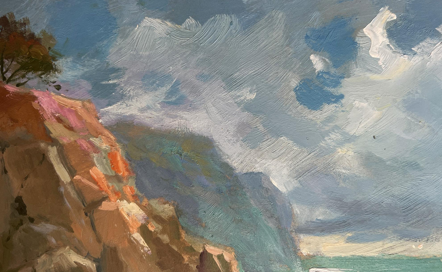 Impressionistic oil painting of boat sailing to shore on rocky cliffside by Yuriy Suprunchuk