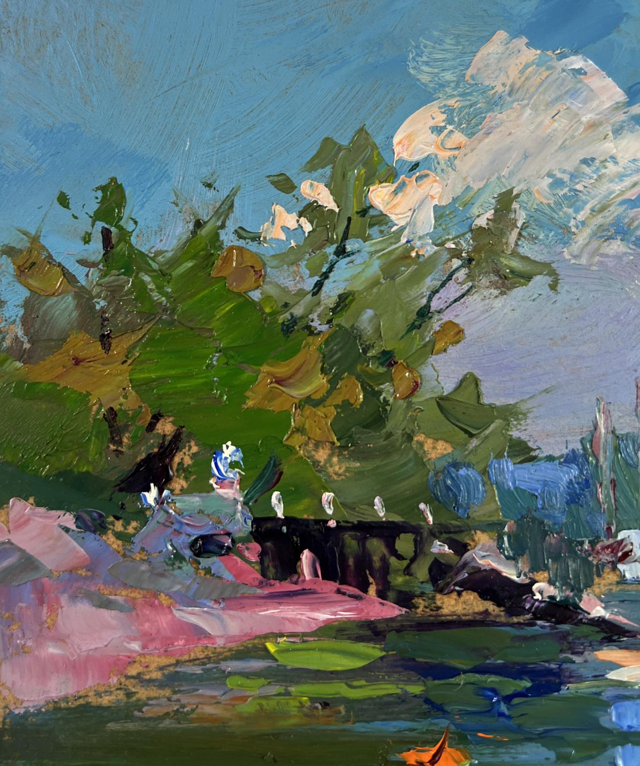 Vibrant impressionist oil painting of summer city river by Yuriy Suprunchuk