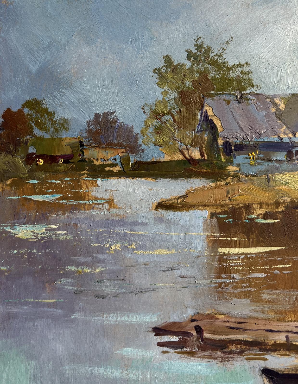 Rustic impressionistic oil painting of Yuriy Suprunchuk village boat port riverside