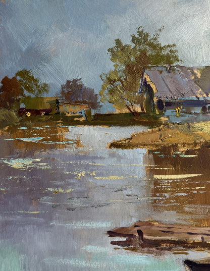 Rustic impressionistic oil painting of Yuriy Suprunchuk village boat port riverside