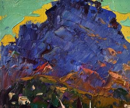 Textured impasto oil painting of mountainous river landscape with boats by Oleksiy Ivanyuk