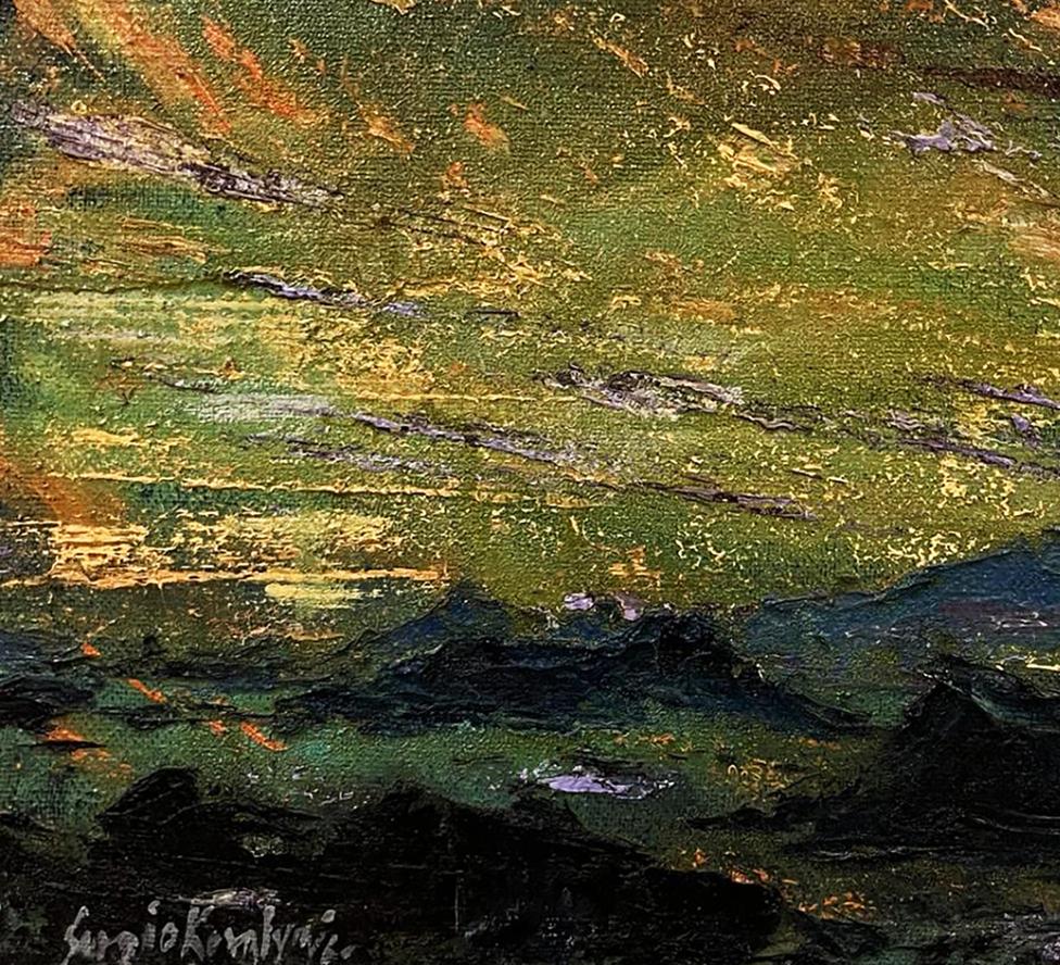 Oil painting Mountain Plains by Serhiy Kovalev with green, gold, blue textured strokes