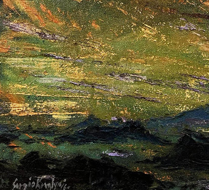 Oil painting Mountain Plains by Serhiy Kovalev with green, gold, blue textured strokes