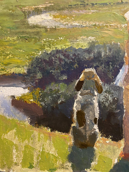 A painting with a pet depicted in oil, artist unknown