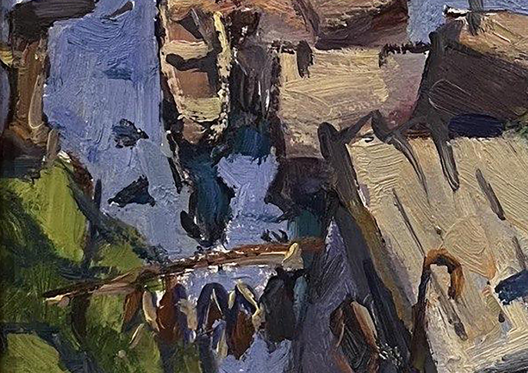 Oil painting City pier by Oleksandr Andreev, abstract blue green strokes