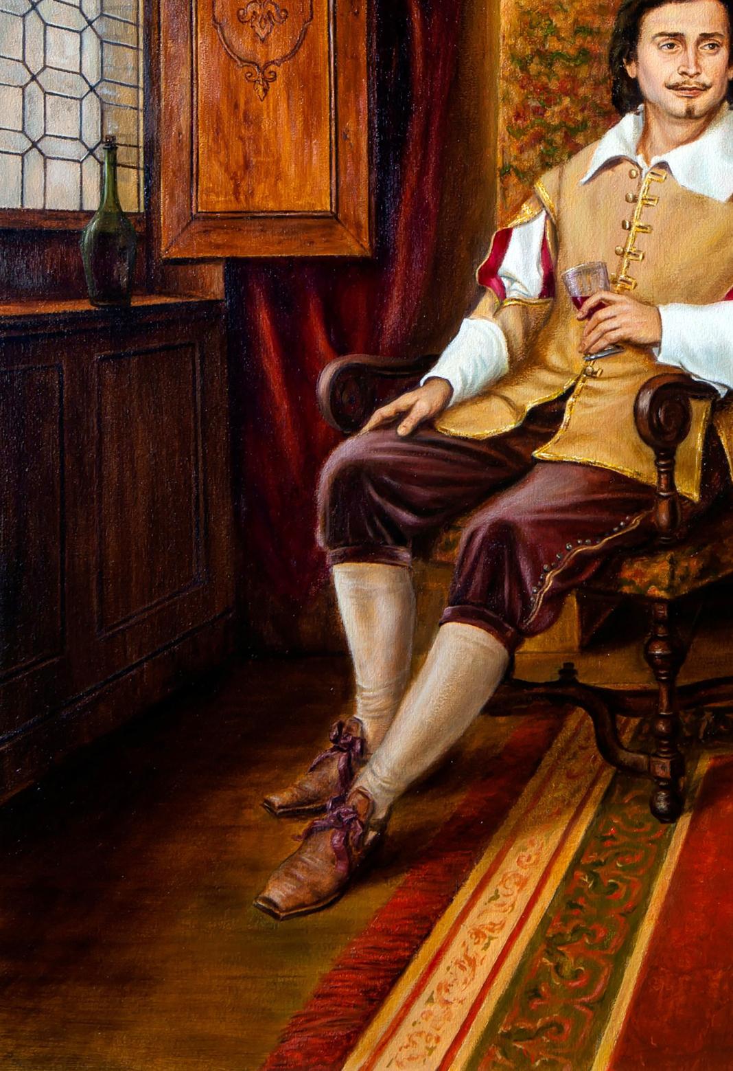 Oil painting In anticipation by Valeriy Bulat: man in tan doublet with wine