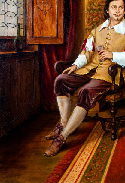 Oil painting In anticipation by Valeriy Bulat: man in tan doublet with wine