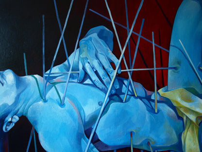 Oil painting Bhishma by Konsta G. Amelinn: blue figure pierced by white rods
