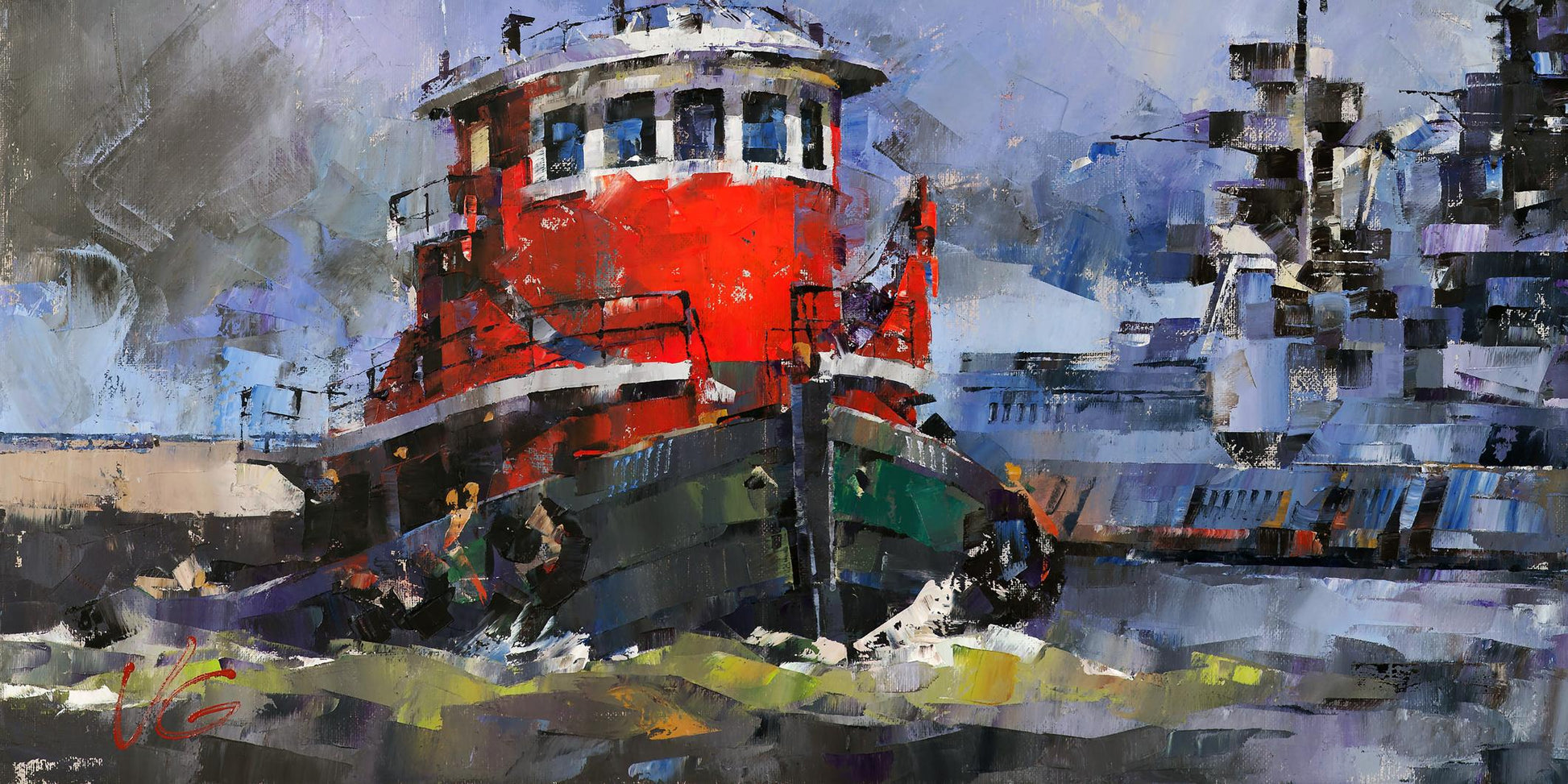 Bold red and green tugboat oil painting Fearless by Volodymyr Gluhomanyuk
