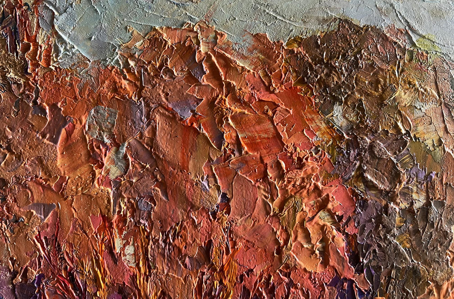 Oil painting Autumn evening in the forest by Boris Serdyuk, textured abstract reds