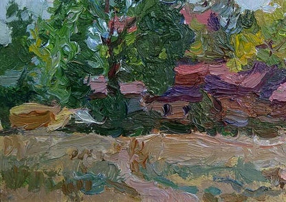 Vibrant impressionist oil painting of rural life by Yury Konovalov with lush green trees and blossoms